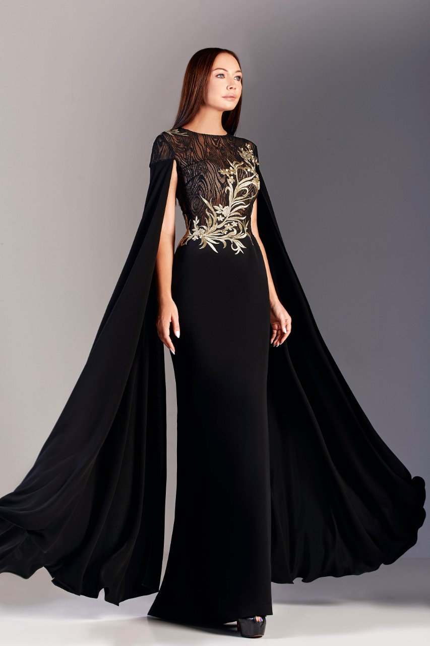 Luxury Lace Evening Gown in Black with Transparent Flutter Cape.  Embroidered Maxi Dress with a Train, Modern Fashion Stock Photo - Image of  black, fluttering: 246159690